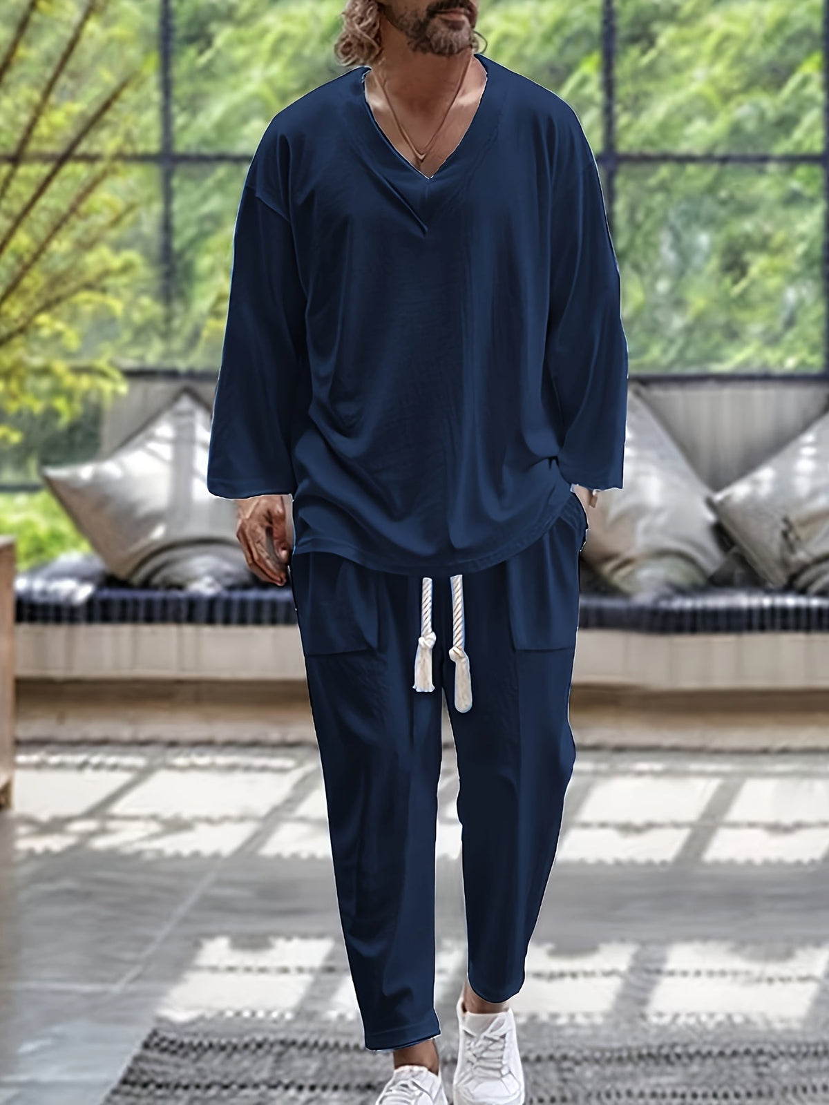 Vêtements de détente pour hommes - Ensemble T-shirt à manches longues en V et pantalon ample avec poches