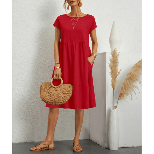 Élégante robe midi en coton et lin à manches courtes pour femmes pour un look chic et confortable