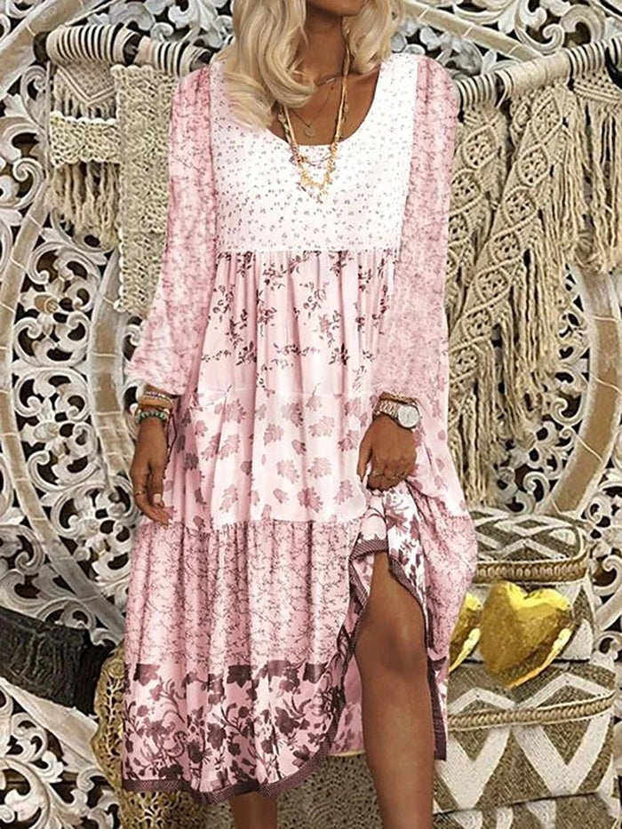 Robe élégante Boho à col en O pour femmes avec imprimé floral - Stylish Gisela Fashion