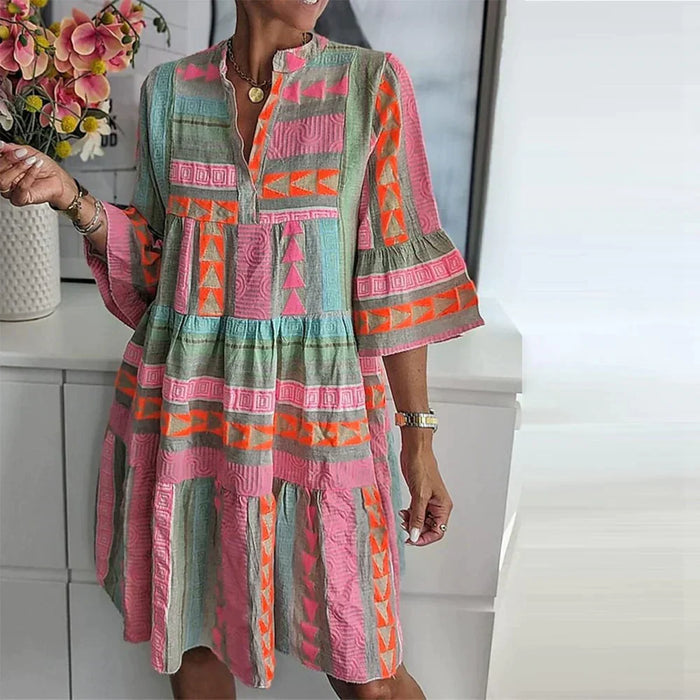 Robe Midi Boho pour Femmes - Coupe Ample - Manche Trois-Quarts - Design Géométrique Légère