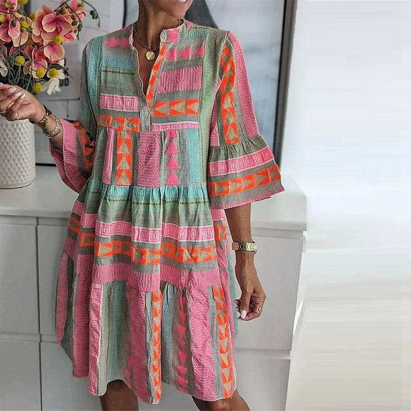 Robe Midi Boho pour Femmes - Coupe Ample - Manche Trois-Quarts - Design Géométrique Légère