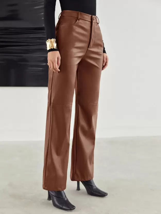 Pantalon taille haute en cuir végétalien pour femme avec des jambes larges élégantes pour un look élégant et décontracté