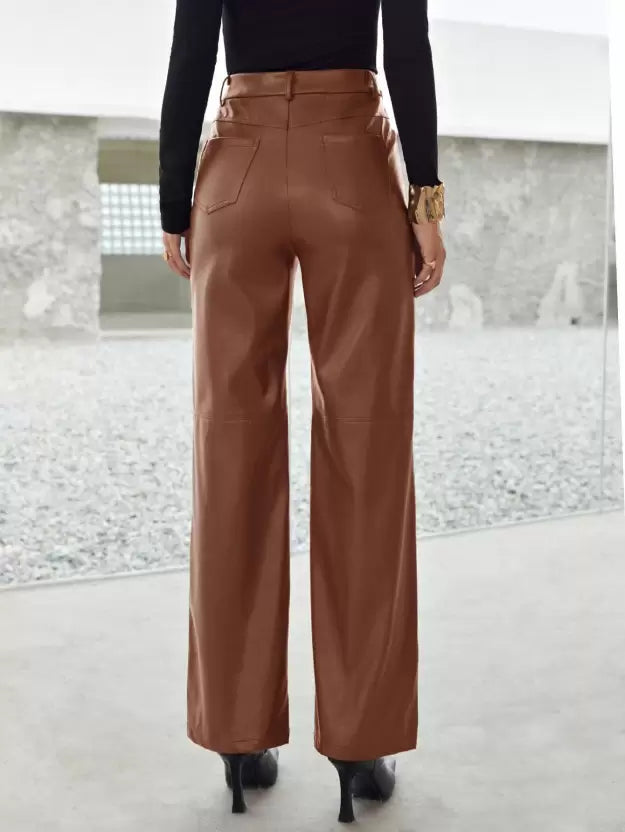 Pantalon taille haute en cuir végétalien pour femme avec des jambes larges élégantes pour un look élégant et décontracté