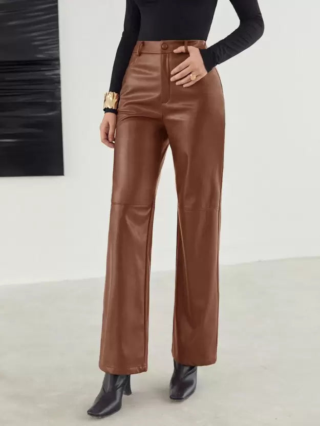 Pantalon taille haute en cuir végétalien pour femme avec des jambes larges élégantes pour un look élégant et décontracté