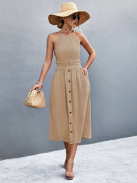 Robe midi sans manches à col halter pour femmes - Devant boutonné fluide à coupe A-line élégante