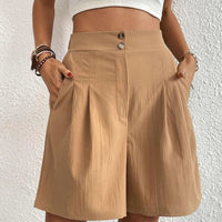 Short pour femmes à taille haute avec pliures - Tissu léger et fluide - Fermeture à bouton