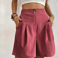 Short pour femmes à taille haute avec pliures - Tissu léger et fluide - Fermeture à bouton