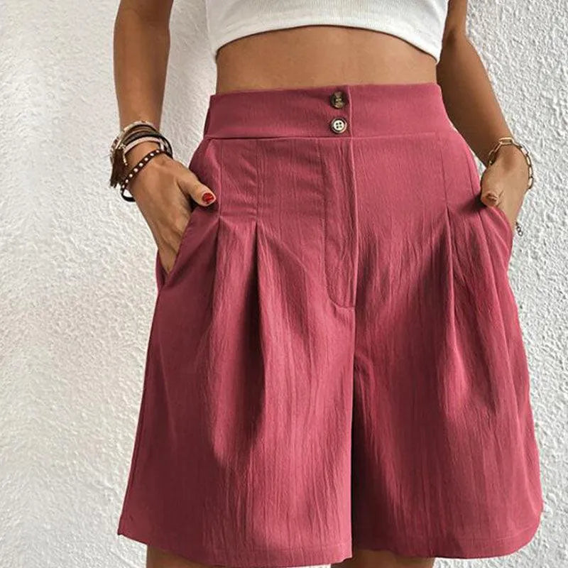 Short pour femmes à taille haute avec pliures - Tissu léger et fluide - Fermeture à bouton