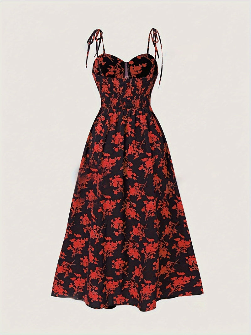 Robe midi florale à bretelles nouées pour femmes