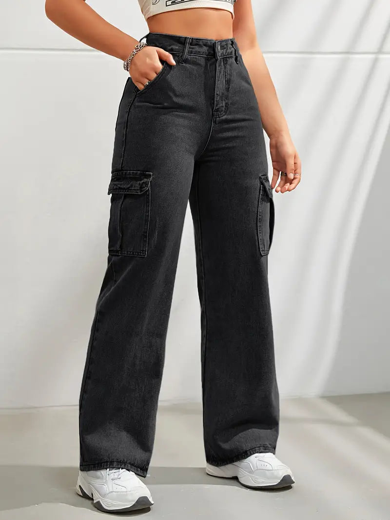 Pantalon cargo élégant pour femme - jean à jambe large tendance avec poches latérales pratiques pour un look décontracté et à la mode