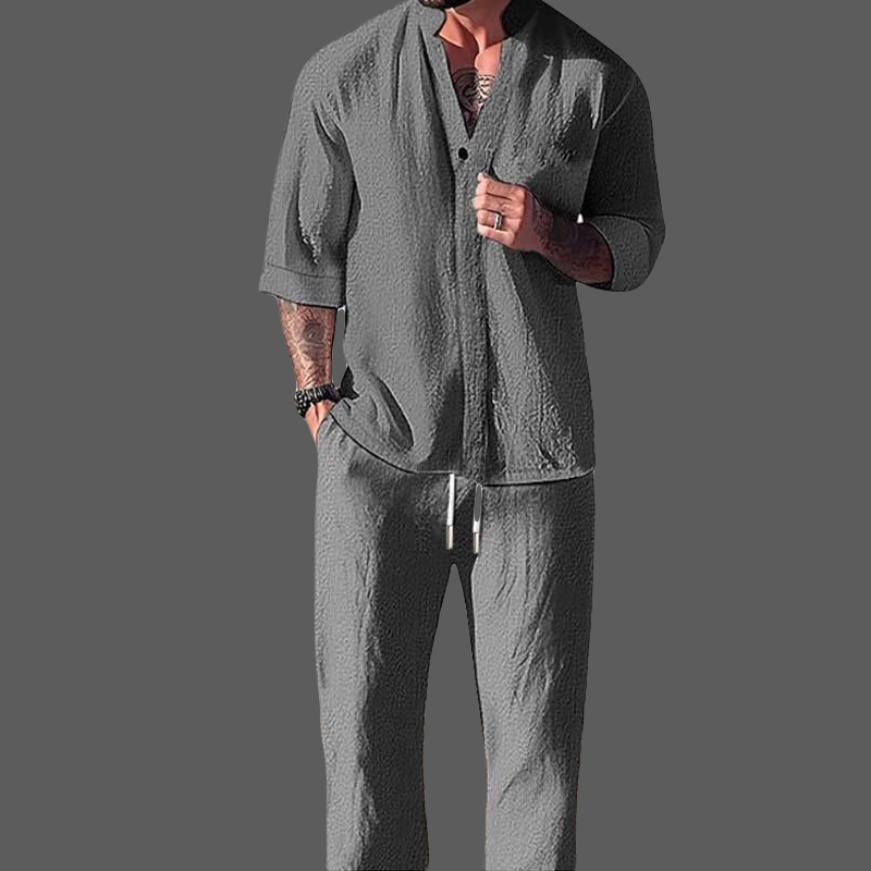 套装男士休闲家居服--纯棉麻混纺V领长袖上衣和抽绳裤套装