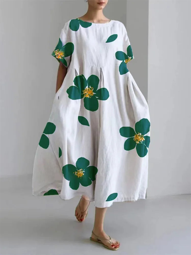 Robe Décontractée Féminine à Fleurs, Coupe Ample et Col Rond - Idéale pour le Printemps et l'Été