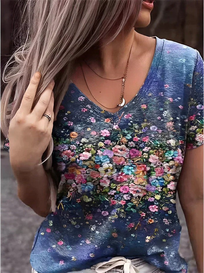 Eleganter Damen Blumenmuster V-Ausschnitt T-Shirt - Stilvolle Alltags Casual Fashion