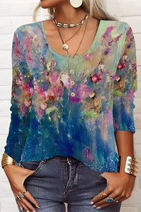 Élégant haut à motifs floraux pour femmes, manches longues décontractées et col en V, dans un bleu élégant - Parfait pour un look polyvalent et décontracté tous les jours
