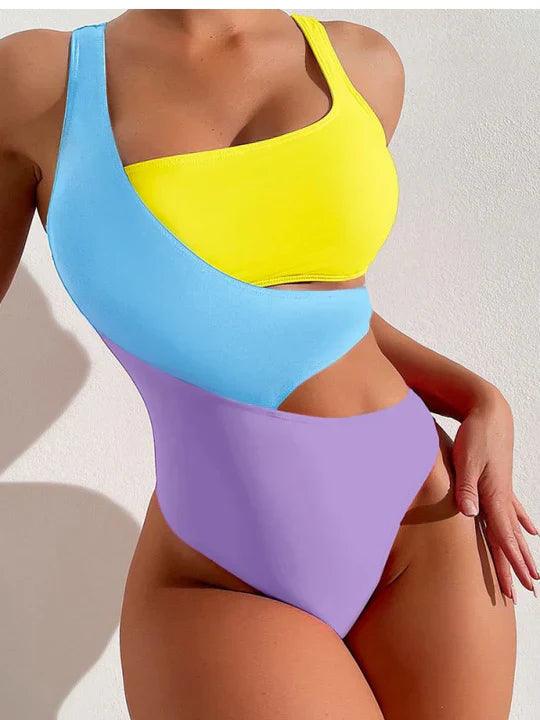 Maillot de bain une-pièce à taille haute avec bloc de couleurs pour femmes