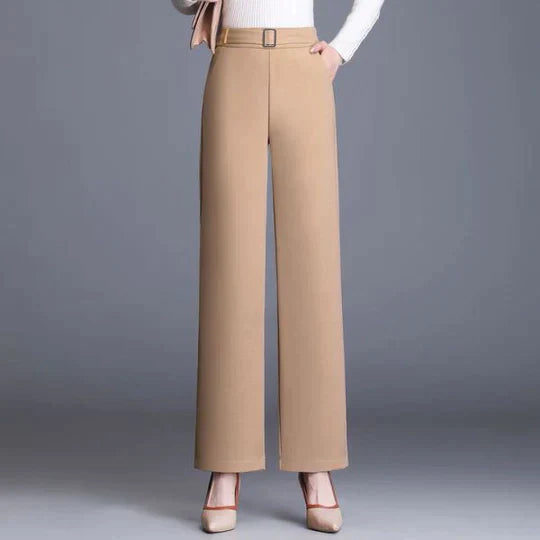 Élégant pantalon large à taille haute pour femmes, avec ceinture classique, parfait pour le bureau et les occasions décontractées.