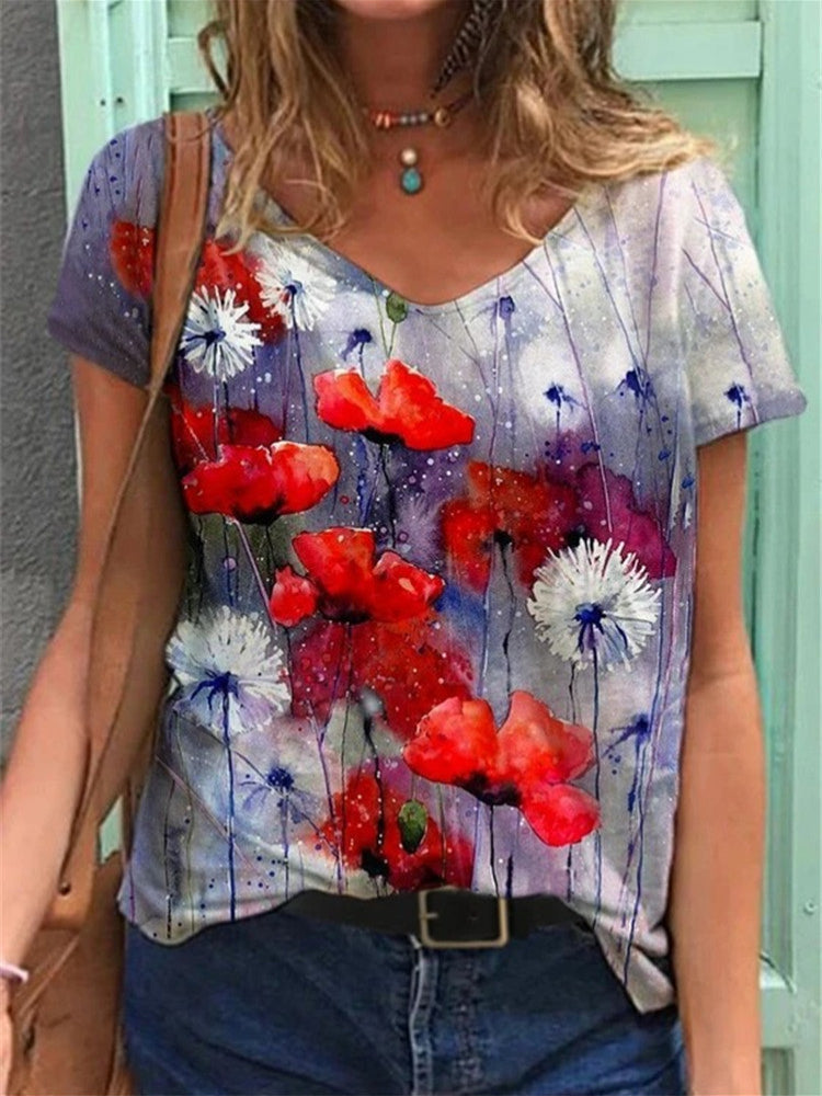 T-Shirt Femme Art Floral - Top d'été décontracté avec col en V et tissu respirant pour un look élégant et confortable