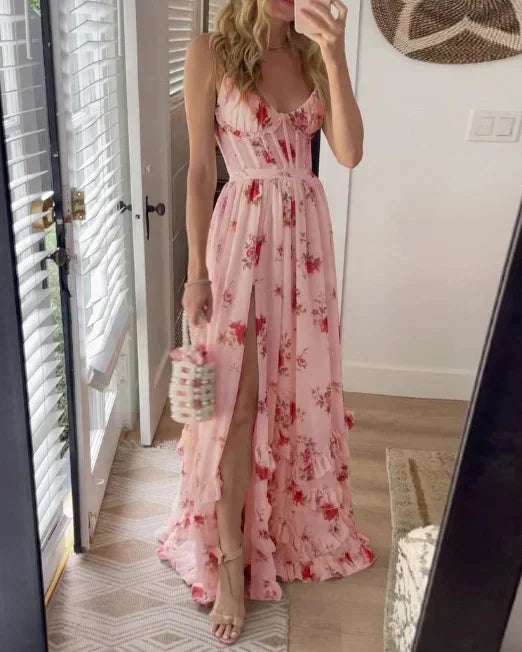 Robe longue midi élégante en dentelle florale pour femmes, parfaite pour les soirées raffinées