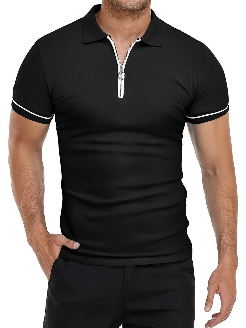 Polo slim à manches courtes pour hommes avec fermeture à glissière contrastée à la mode