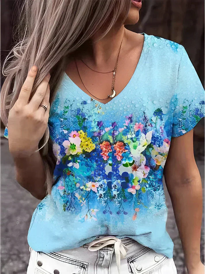 Eleganter Damen Blumenmuster V-Ausschnitt T-Shirt - Stilvolle Alltags Casual Fashion