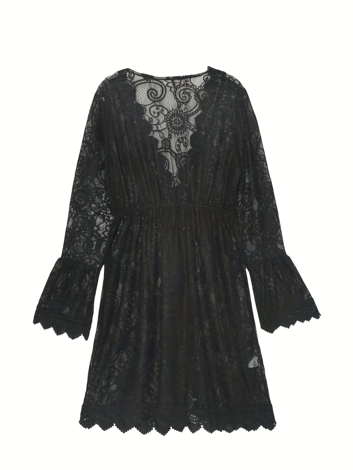 Elegant Women's Lace V-Neck Midi Dress - Perfect Summer Knit Beachwear with Flattering Slit Hem & Stylish Long Sleeves (Robe midi en dentelle à col en V pour femmes)