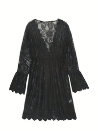 Elegant Women's Lace V-Neck Midi Dress - Perfect Summer Knit Beachwear with Flattering Slit Hem & Stylish Long Sleeves (Robe midi en dentelle à col en V pour femmes)