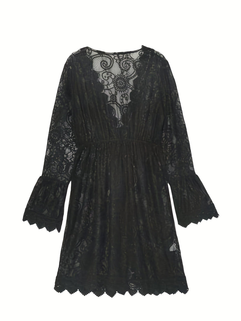 Elegant Women's Lace V-Neck Midi Dress - Perfect Summer Knit Beachwear with Flattering Slit Hem & Stylish Long Sleeves (Robe midi en dentelle à col en V pour femmes)