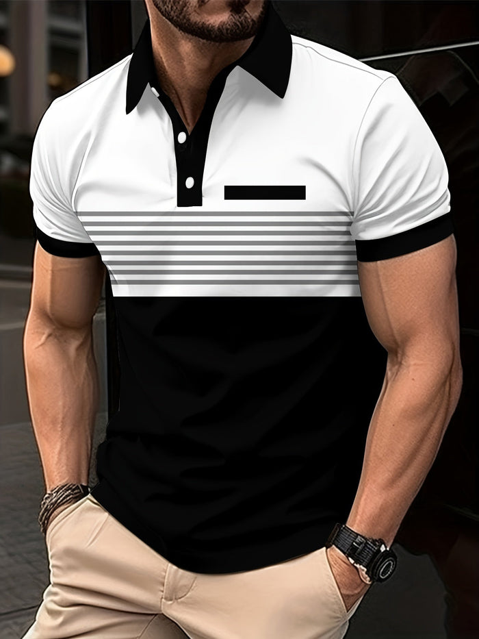 Polob - T-shirt coupe étroite pour homme với Màu Sọc Trước Ngực và Cổ Áo Núm Dây Tiện Dụng