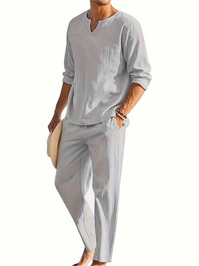 Set Décontracté pour Homme : Haut à V-Neck à Manches Longues et Pantalons Confortables
