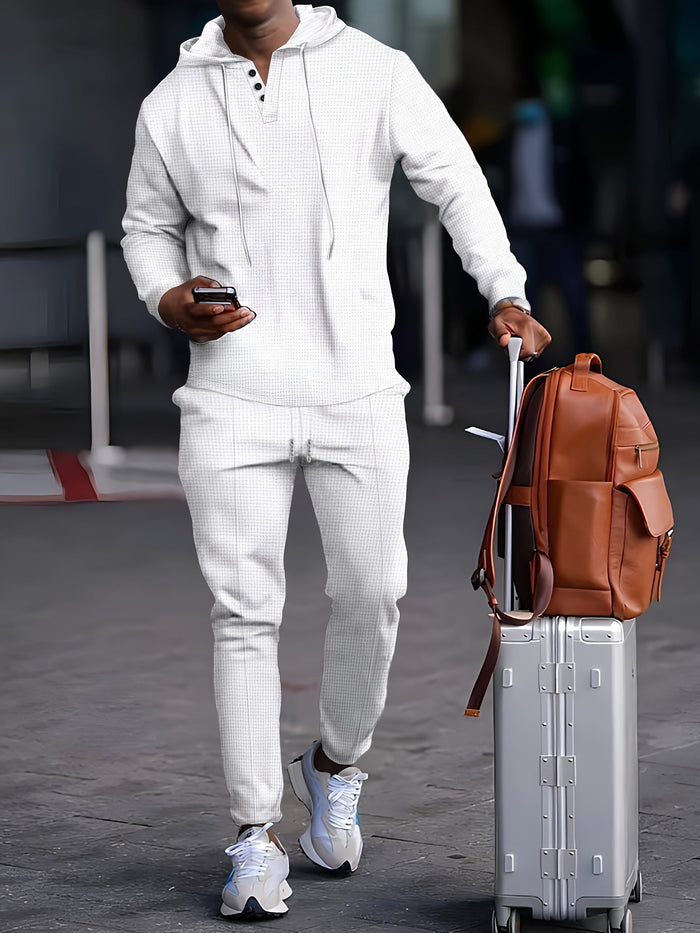Ensemble de survêtement pour hommes - Hoodie à col boutonné - Mancherons côtelés - Pantalons de jogging avec cordon de serrage