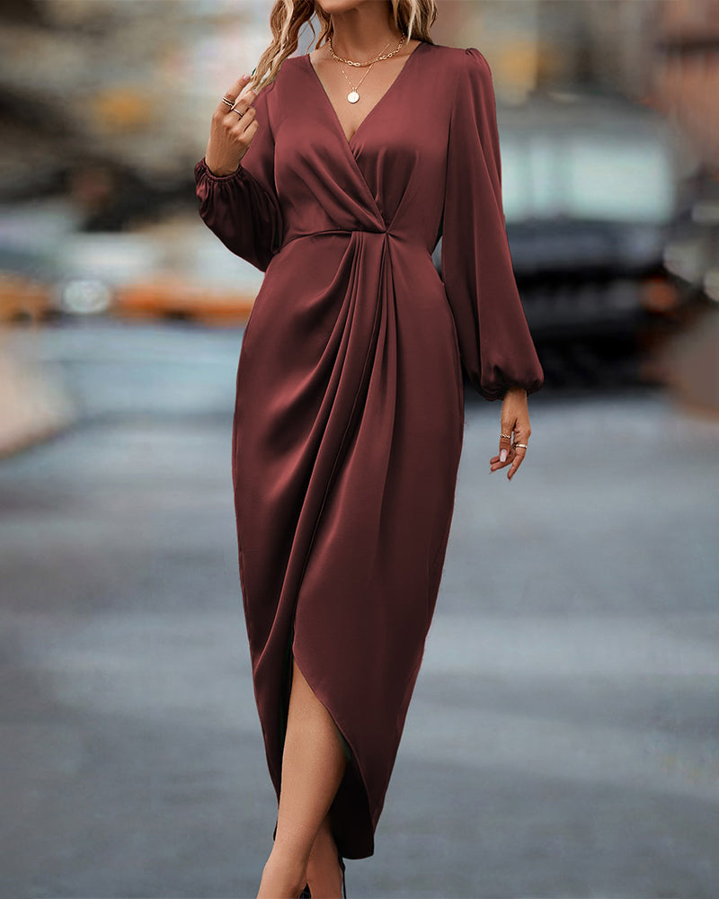 Robe élégante à col en V et manches lanternes pour femmes