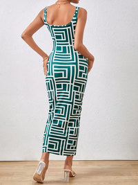 Élégante robe midi bodycon pour femmes, avec encolure carrée, sans manches et motif géométrique stylisé