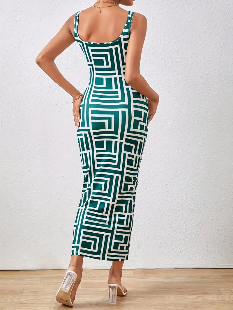 Élégante robe midi bodycon pour femmes, avec encolure carrée, sans manches et motif géométrique stylisé