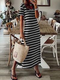 Robe décontractée pour femmes à rayures - Col en V - Manches courtes - Respirante et coupe détendue