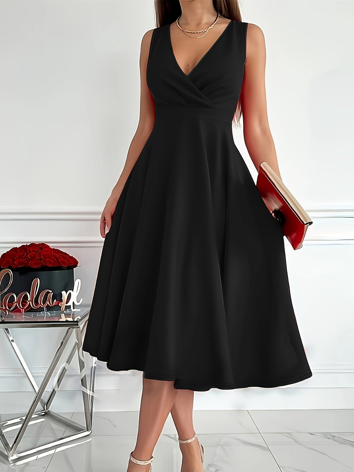 Chic V-Neck Midi Dress for Women - Elegant & Stylish