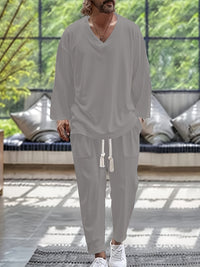 Vêtements de détente pour hommes - Ensemble T-shirt à manches longues en V et pantalon ample avec poches