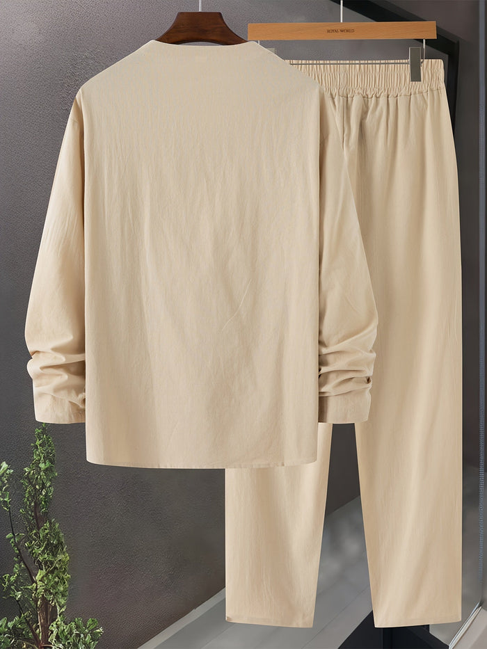 Vêtements de détente pour hommes - Ensemble T-shirt à manches longues en V et pantalon ample avec poches