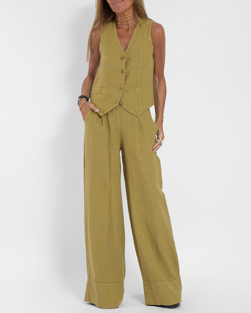 Tenue d'été élégante pour femme : pantalon large en lin 2 pièces et cardigan pour un look élégant et confortable