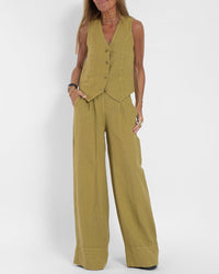 Tenue d'été élégante pour femme : pantalon large en lin 2 pièces et cardigan pour un look élégant et confortable