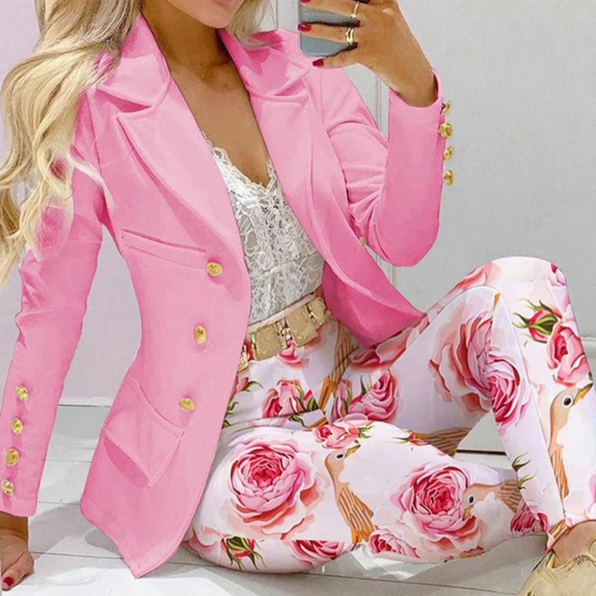 Élégant ensemble blazer et pantalon pour femme avec imprimé floral coloré - Parfait pour le bureau pour un look élégant