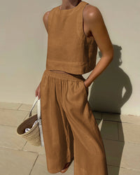 Ensemble d'été élégant pour femmes : ensemble 2 pièces en lin avec pantalon large et top court