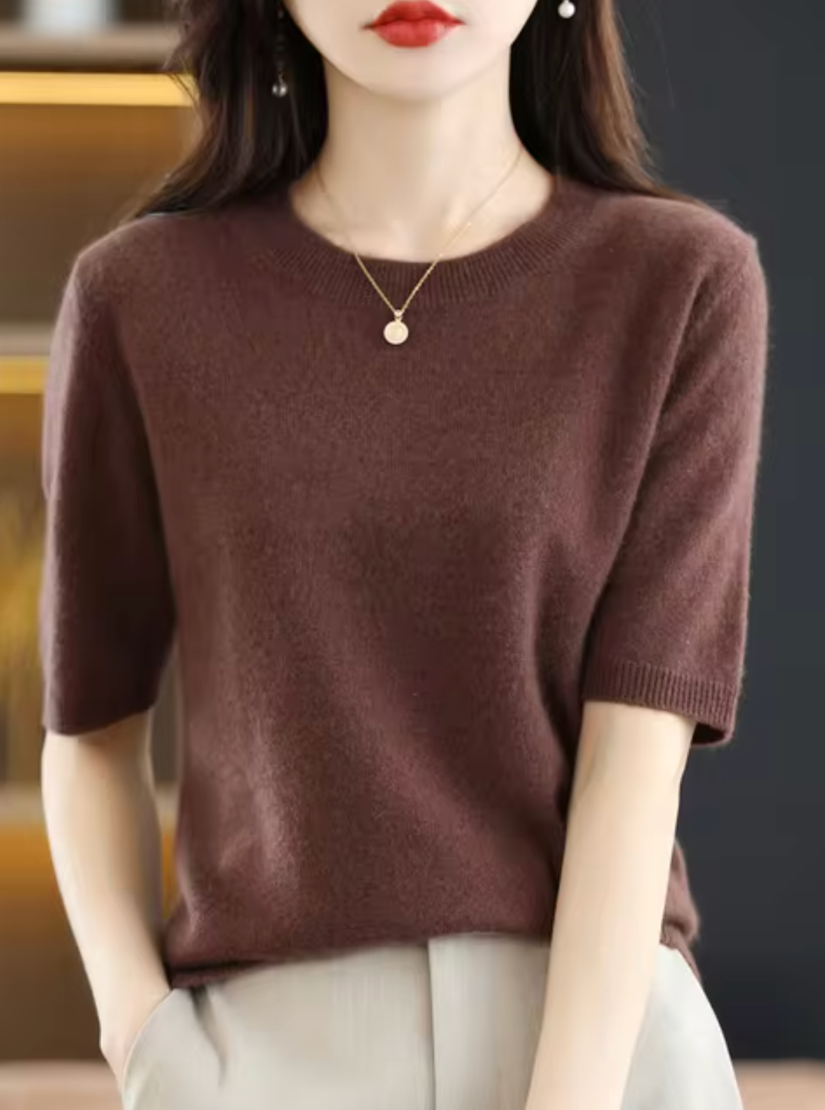 Pull élégant à manches courtes en laine et cachemire pour femmes