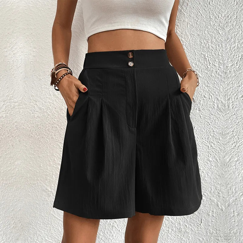 Short pour femmes à taille haute avec pliures - Tissu léger et fluide - Fermeture à bouton