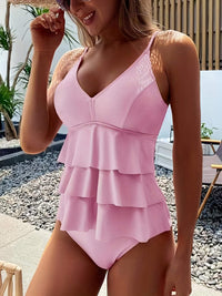 Maillot de bain tankini pour femmes - Virtuel en V - Bretelles ajustables - Haut à couches à volants