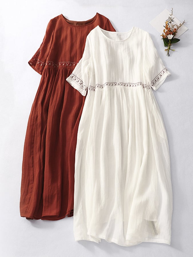 Robe décontractée en coton et lin brodée pour femmes