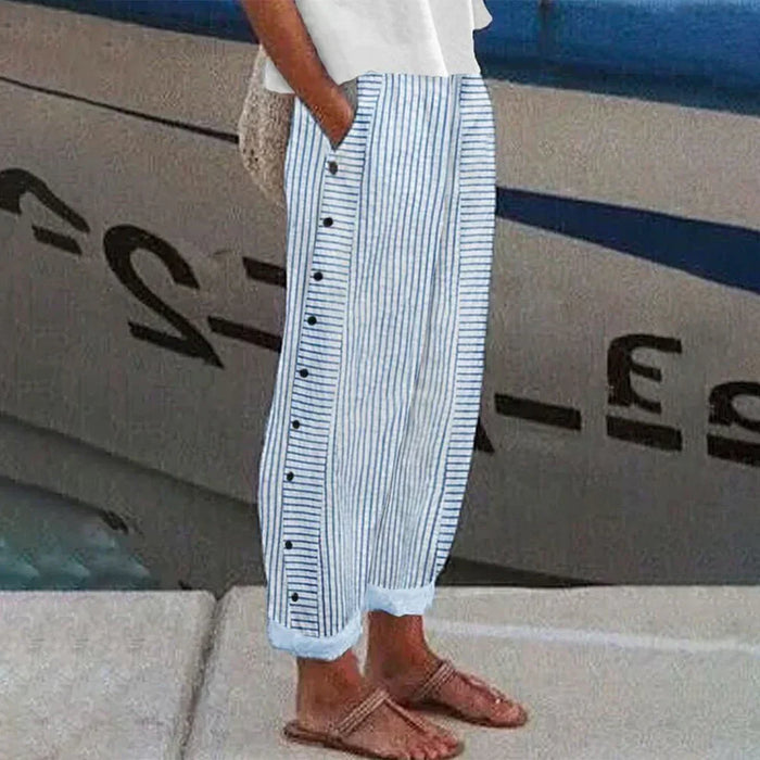 Pantalon décontracté élégant pour femme - pantalon confortable à rayures bleu clair avec poches latérales pratiques à porter tous les jours