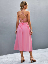 Robe midi sans manches à col halter pour femmes - Devant boutonné fluide à coupe A-line élégante