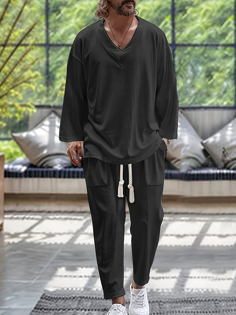 Vêtements de détente pour hommes - Ensemble T-shirt à manches longues en V et pantalon ample avec poches
