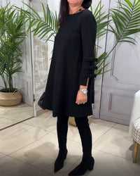Robe Femme Élégante à Coupe A, Manches Longues avec Détail Nœud, Longueur Genoux et Col Rond