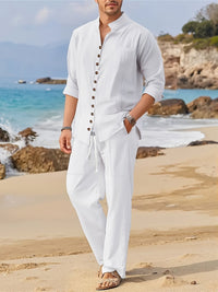 Ensemble de Plage pour Hommes - Chemise à Manches Longues à Boutons & Pantalons à Cordons - Coupe Décontractée